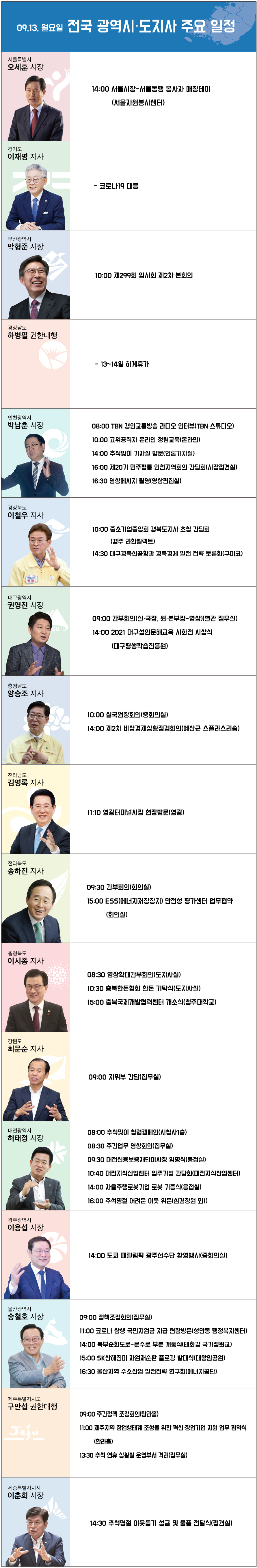 9월 10일 광역시·도지사 주요 일정 [그래픽 = 박금현 기자]